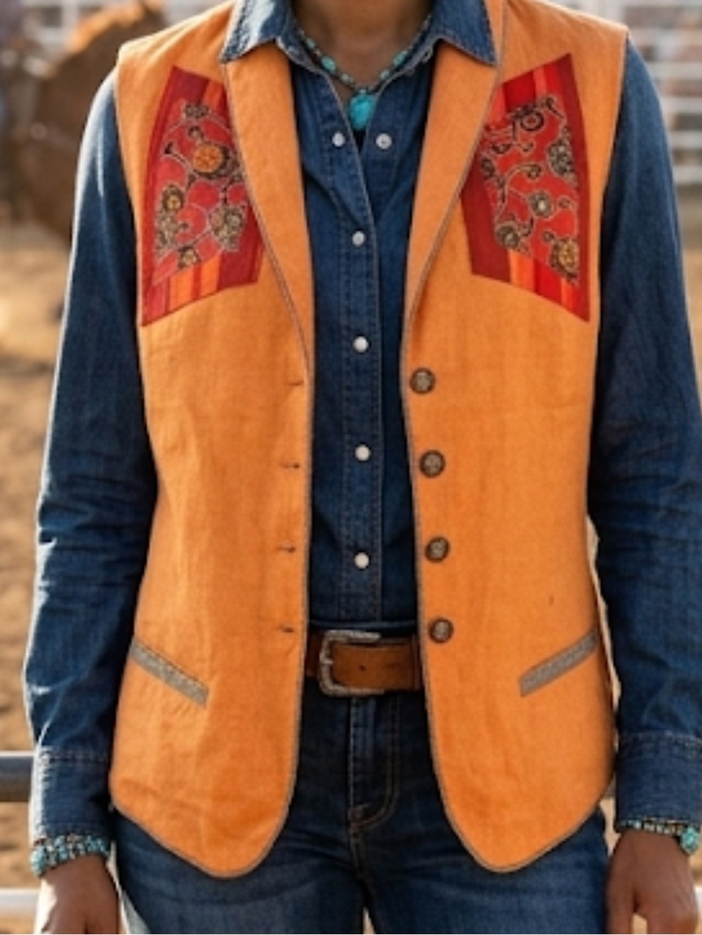 Women's Orange Western-Inspired Vest with Red Accent Panels